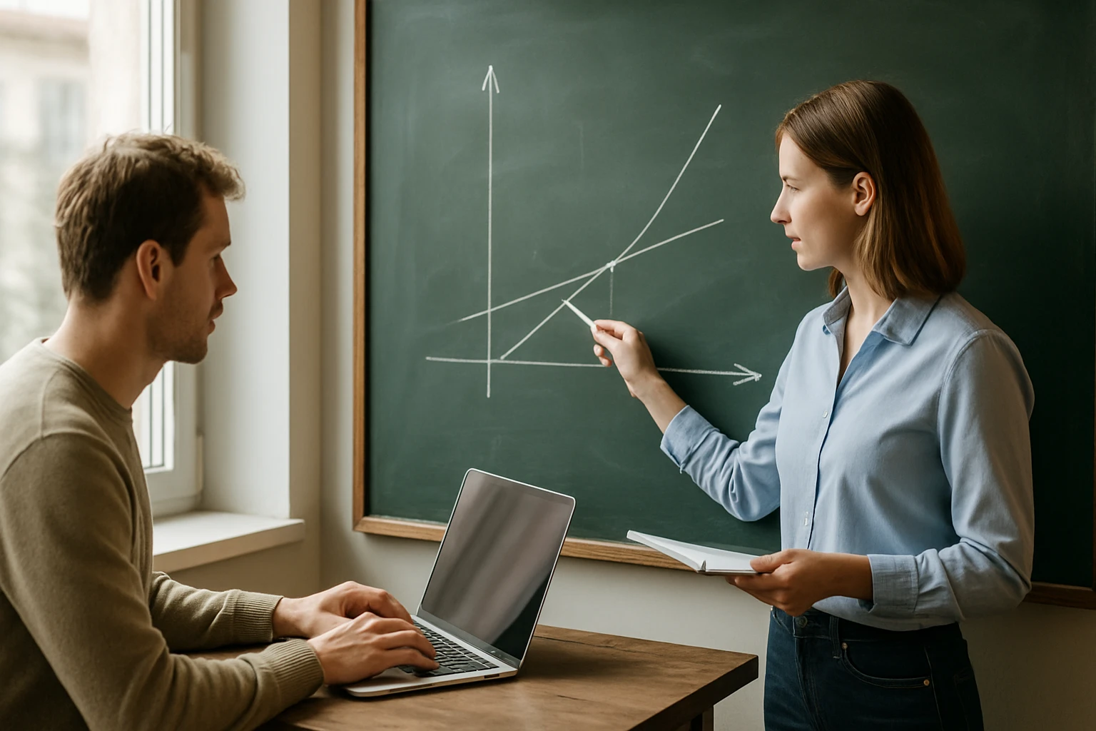 Egy nő matematikai grafikont magyaráz egy férfinak, aki laptopon dolgozik.