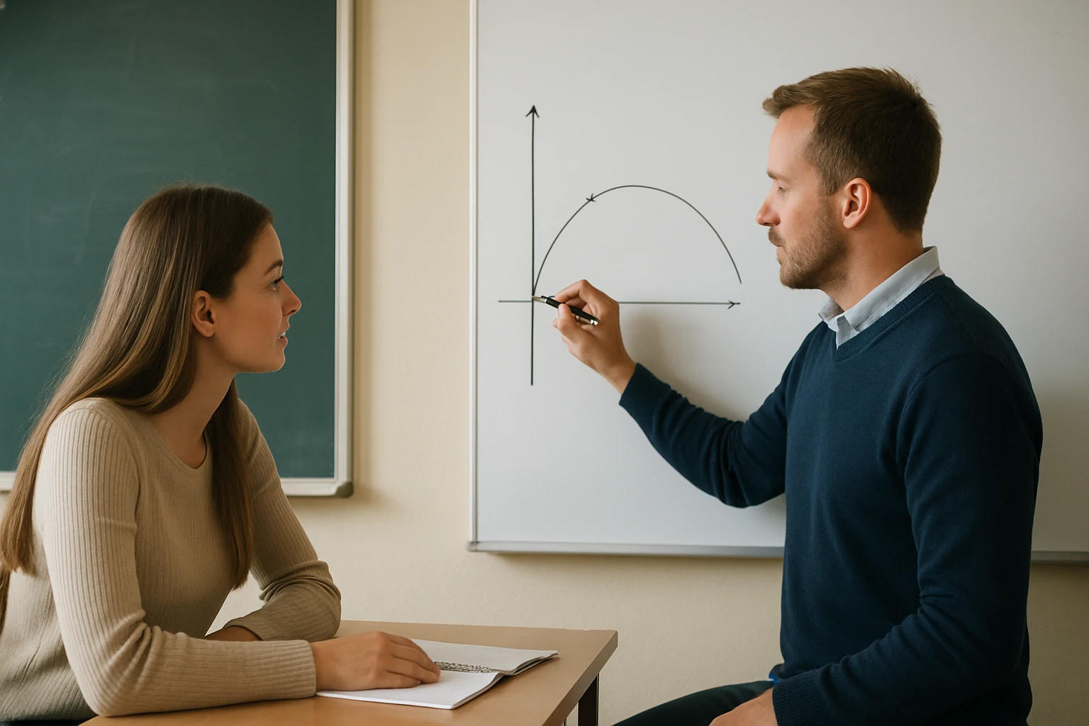 Egy tanár grafikonokat magyaráz egy diáknak az osztályteremben.