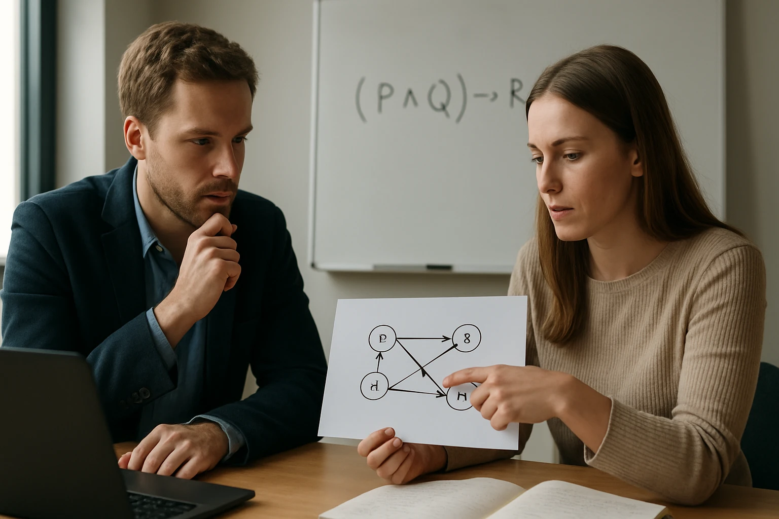 Két ember egy matematikai diagramot elemzi, amely gráfokat ábrázol.