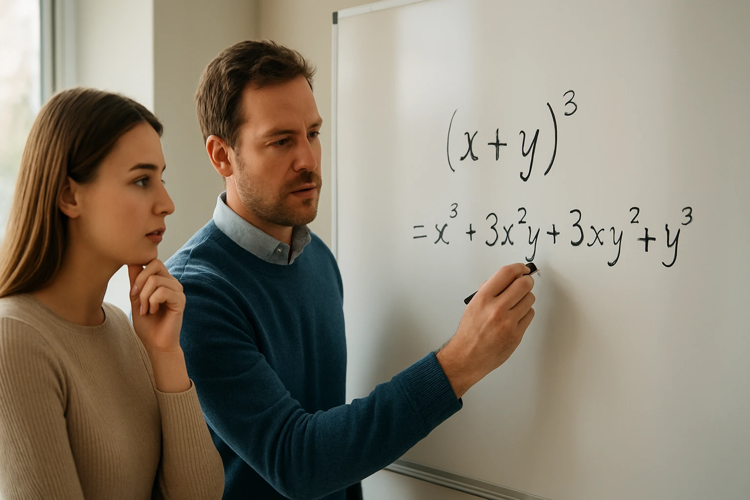 Egy férfi és egy nő egy fehér táblán matematikai kifejezést írnak.