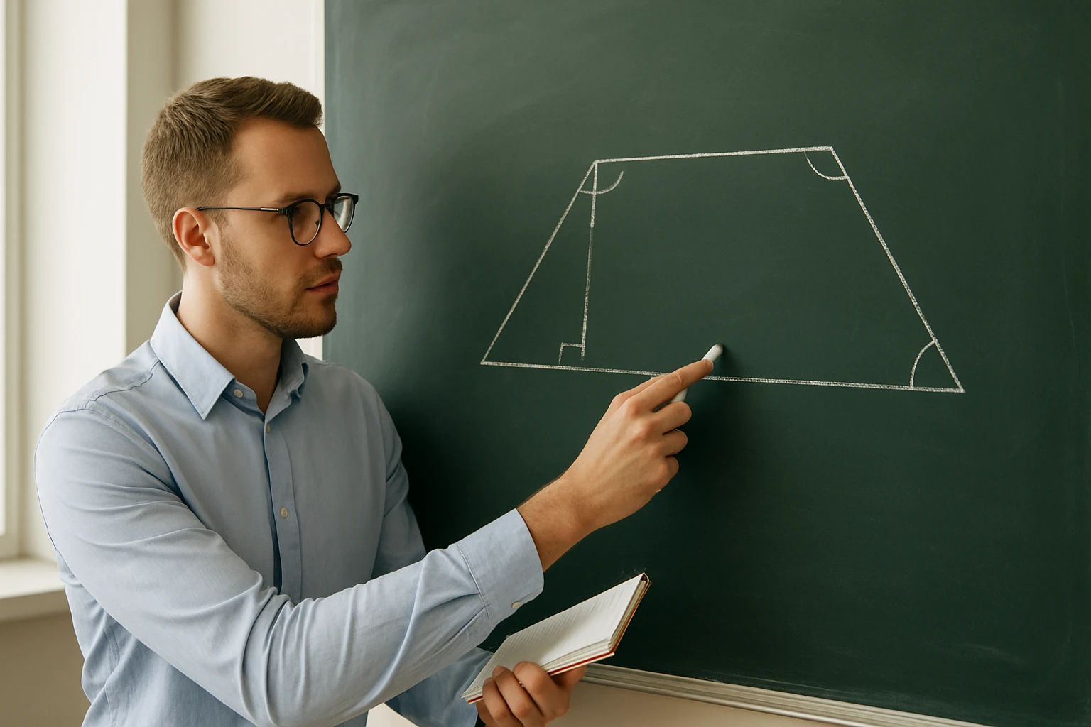 Egy férfi a táblán egy négyszögletű alakzatot mutat, matematikai magyarázat közben.