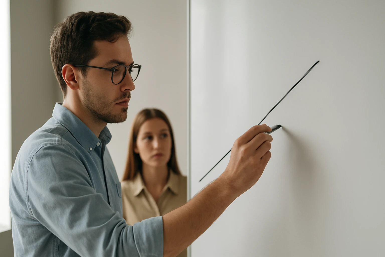 Egy férfi matematikai problémát magyaráz a táblán, miközben egy nő figyel.