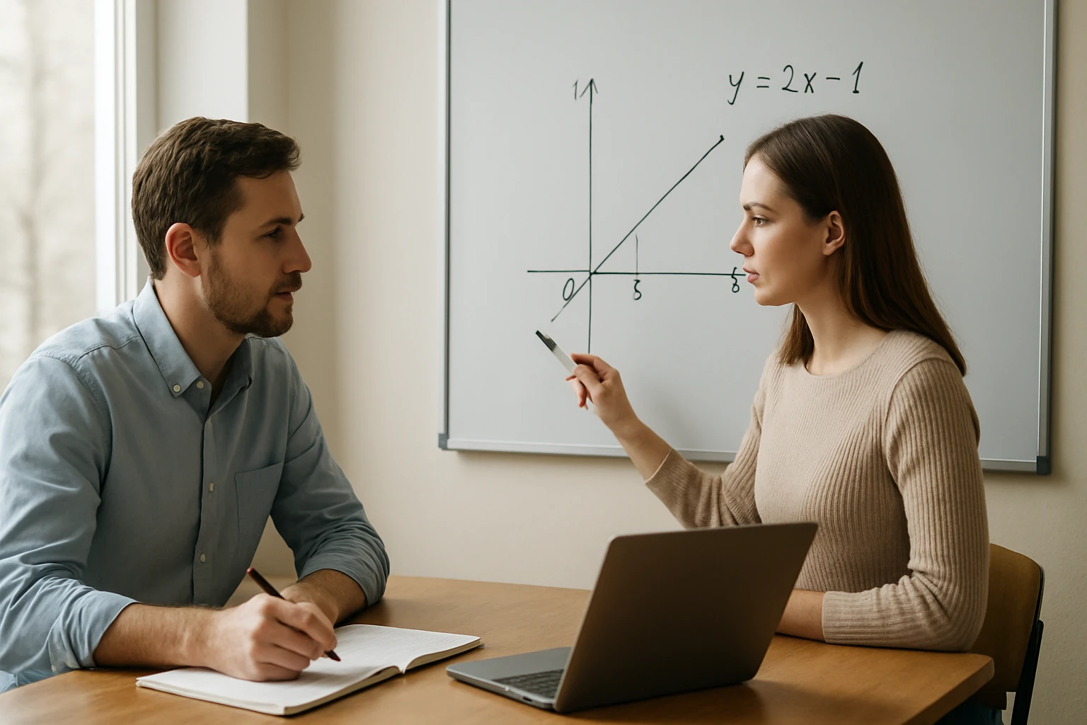 Egy nő matematikai egyenletet magyaráz egy férfinak, miközben jegyzetel.