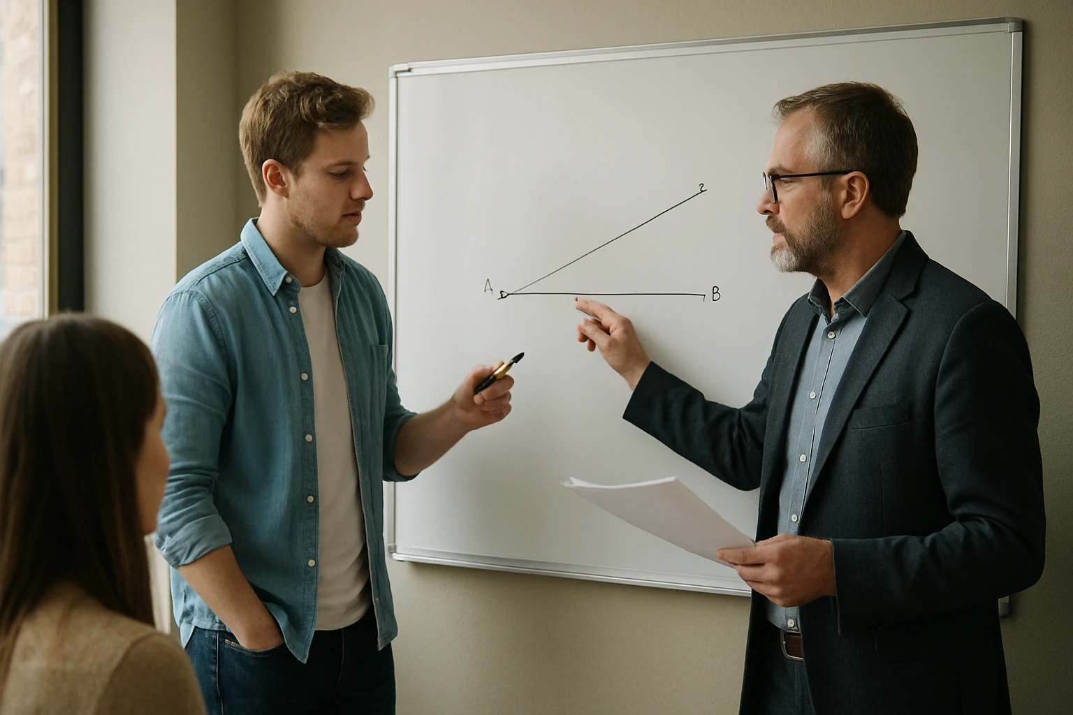 Két férfi matematikai fogalmakat magyaráz egy táblán, ahol vonalak és pontok láthatók.