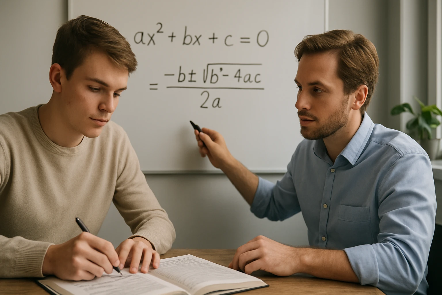 Két fiatal férfi tanulás közben, az egyik a másiknak magyaráz matematikai egyenleteket.