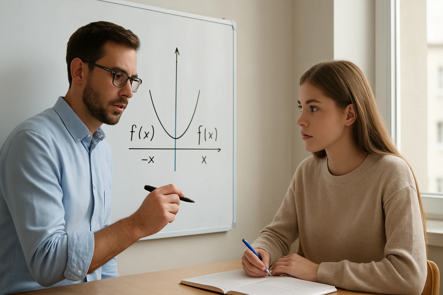 Egy férfi magyaráz egy matematikai grafikont egy nőnek, aki jegyzetel.