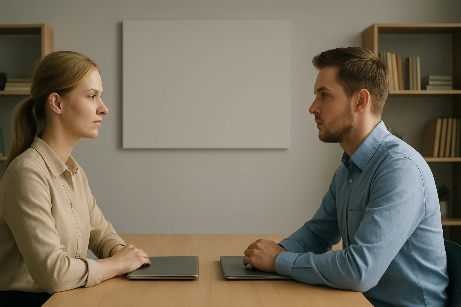 Két ember ül egy asztalnál, laptopok előtt, komoly arckifejezéssel.