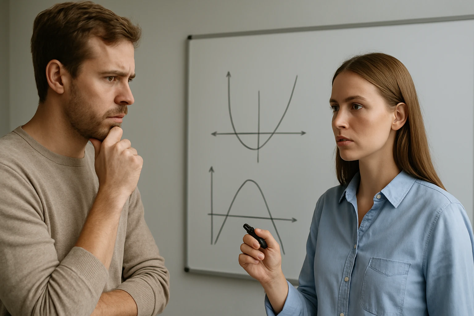 Egy férfi és egy nő beszélget egy matematikai grafikon előtt.