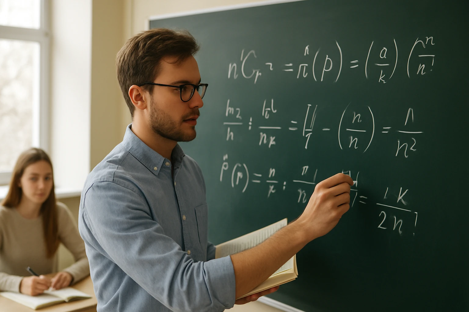 Egy férfi matematikai képleteket ír a táblára, miközben egy nő figyel rá.