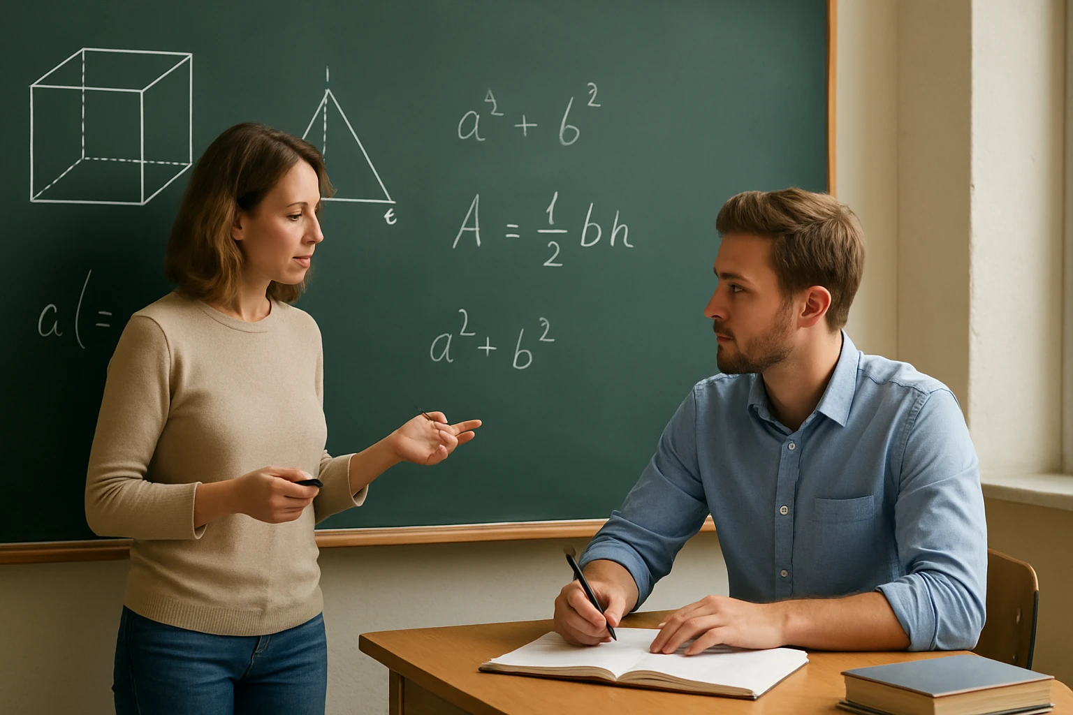 Egy tanár magyaráz matematikai fogalmakat egy diák számára az osztályteremben.