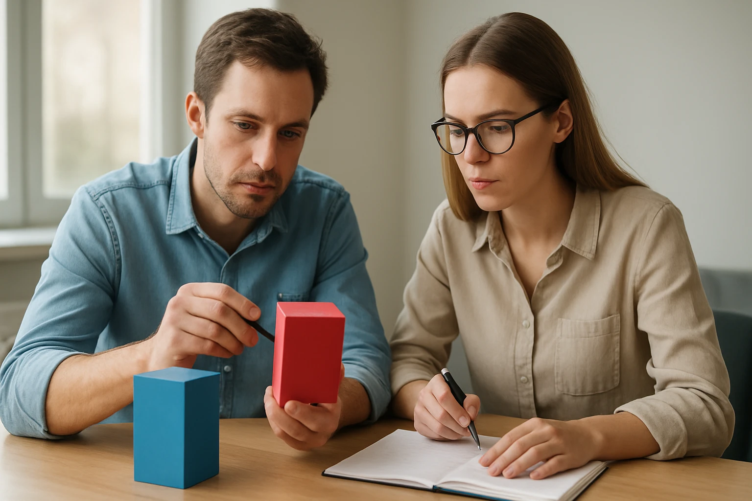 Két fiatal felnőtt matematikai feladatot old meg színes kockákkal.