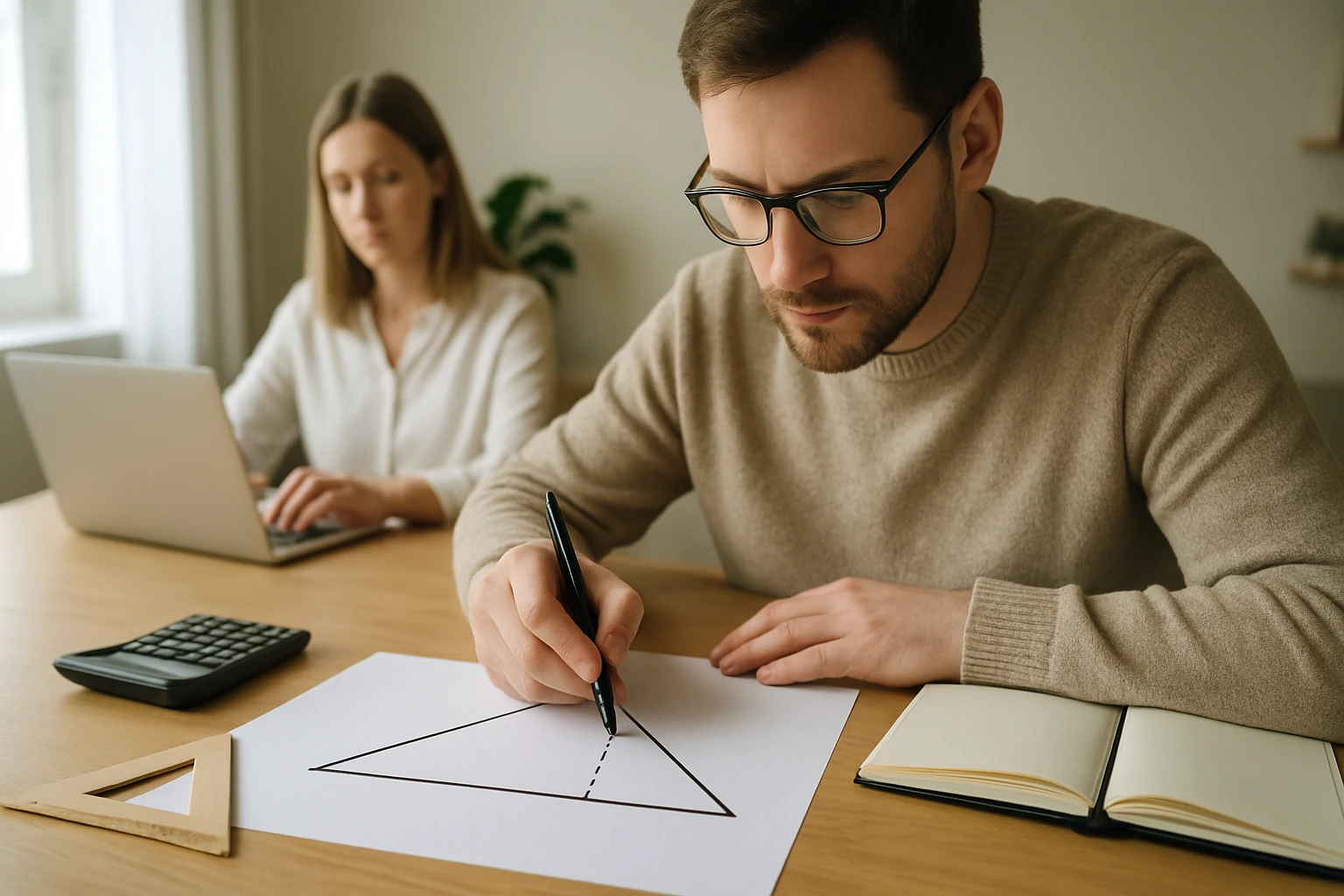 Egy férfi egy háromszöget rajzol papírra, miközben egy nő a háttérben laptopon dolgozik.