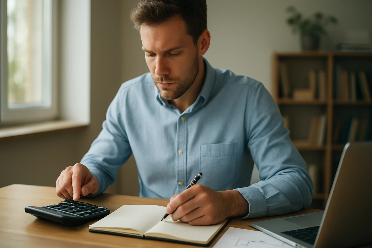 Egy férfi számológépet használ, miközben jegyzetel egy füzetbe.