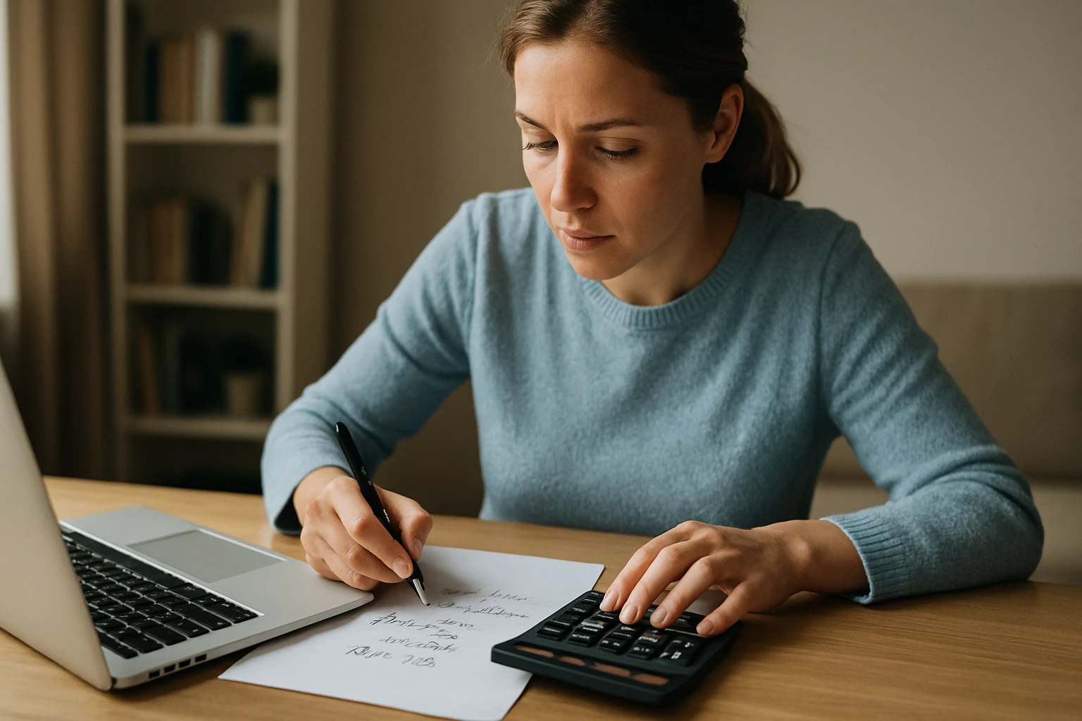 Egy nő számológépet használ, miközben jegyzetel egy papíron.