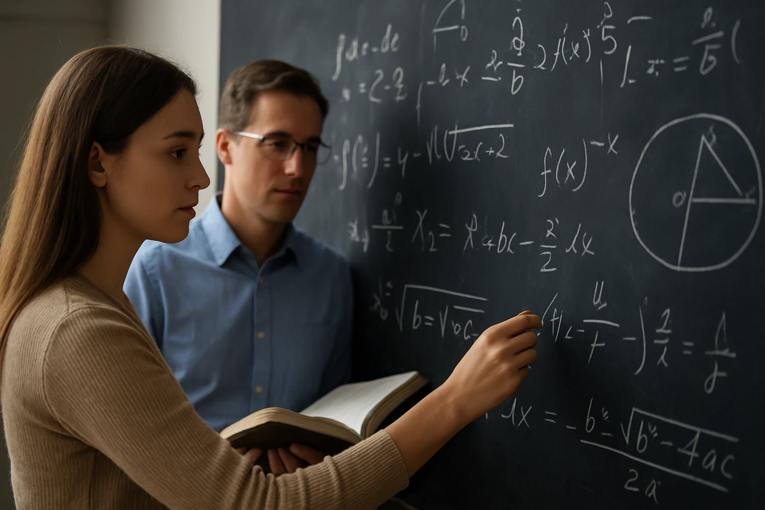 Egy fiatal nő matematikai képleteket ír a táblára, miközben egy férfi figyeli.