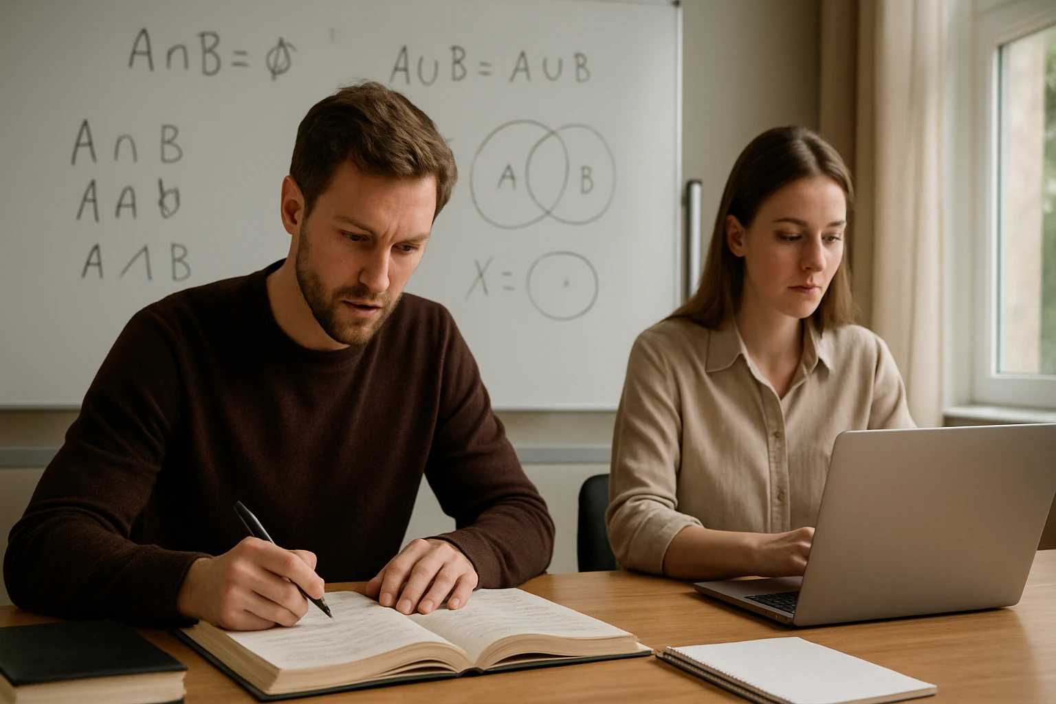 Két diák matematikai feladatokat tanulmányoz, az asztalon könyvek és laptop található.