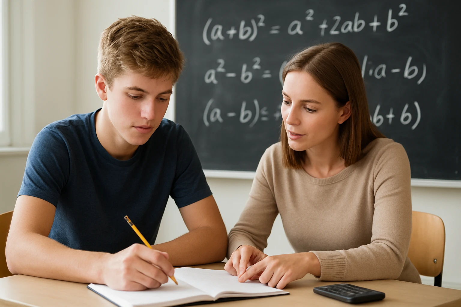 Egy diák és egy tanár közösen dolgozik matematikai feladatokon.