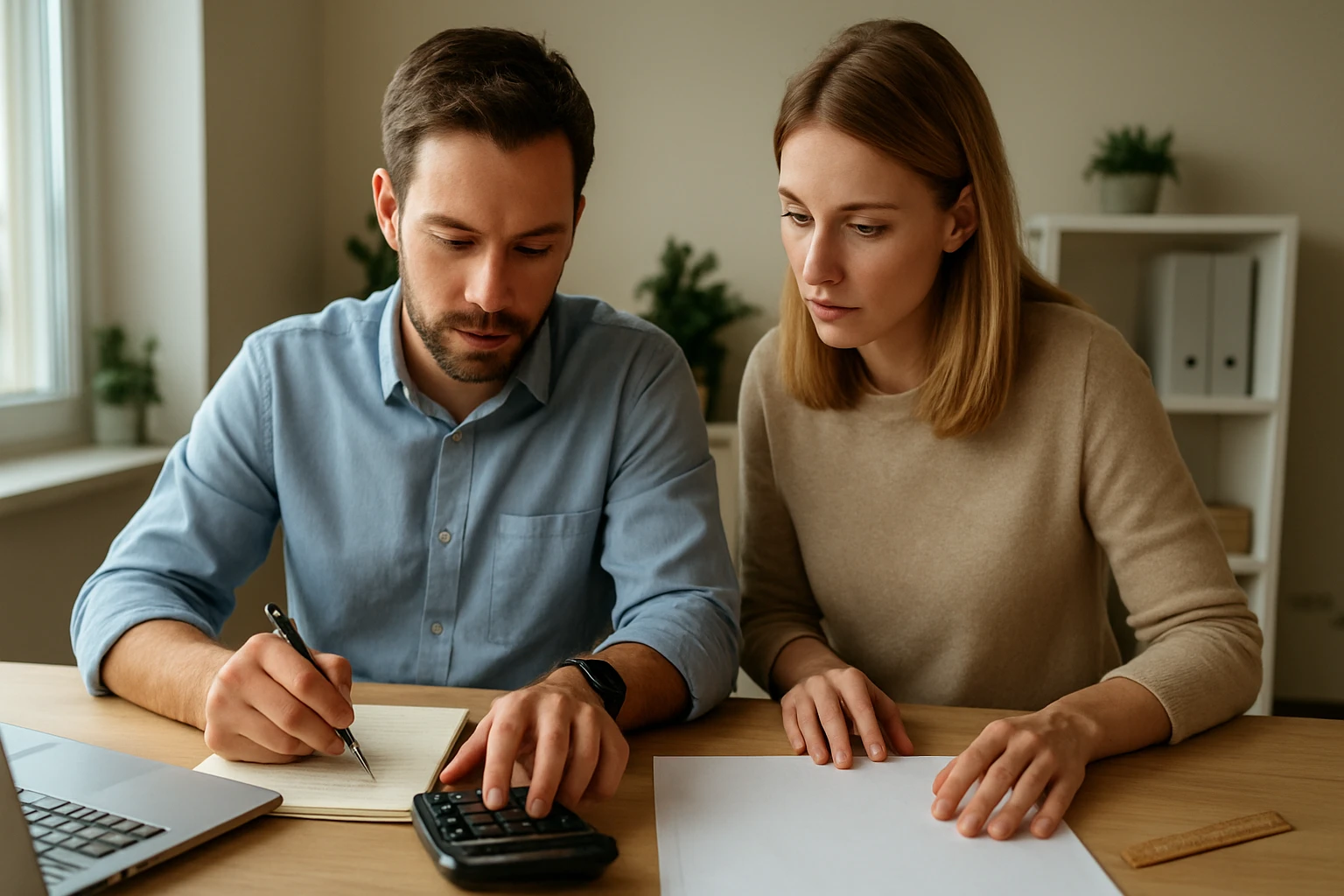 Két fiatal felnőtt számológépet és jegyzetet használva tanul matematikát.