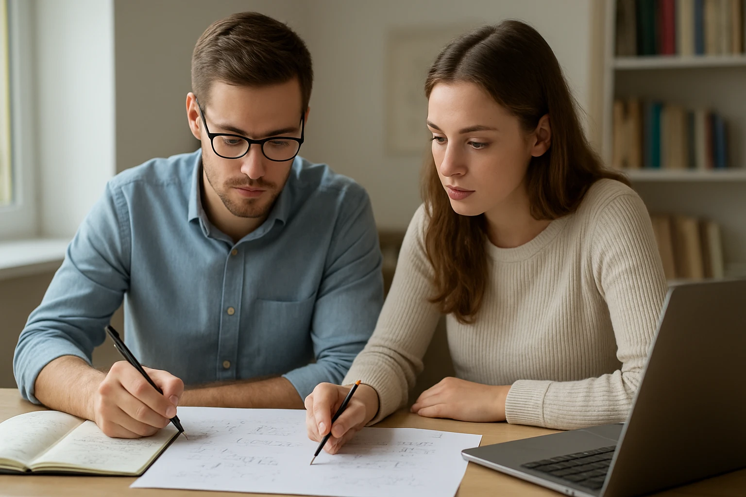 Két fiatal, férfi és nő, matematikai feladatokat oldanak meg közösen.