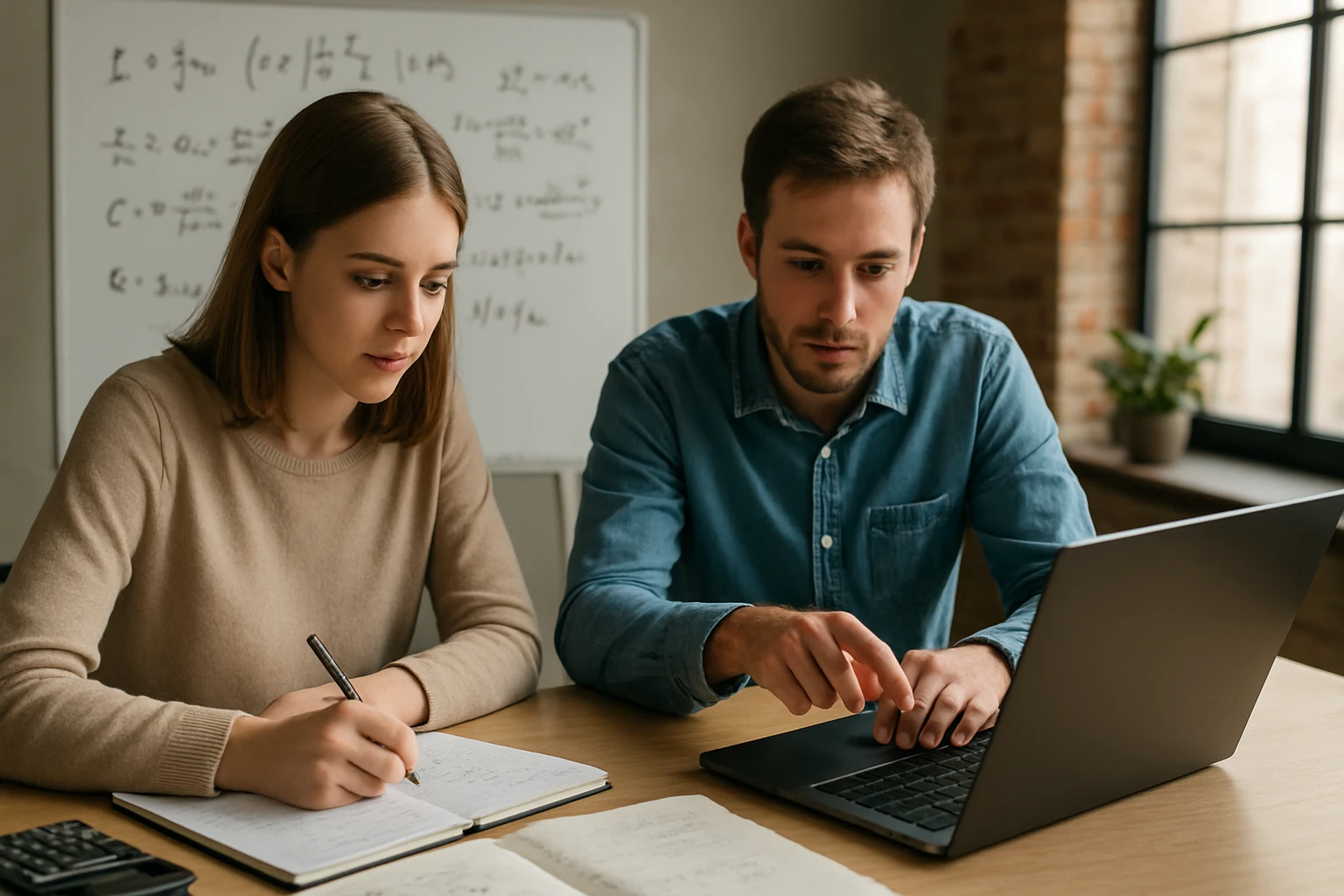 Két fiatal, egy férfi és egy nő, matematikai feladatokat oldanak meg laptop és jegyzetfüzet segítségével.