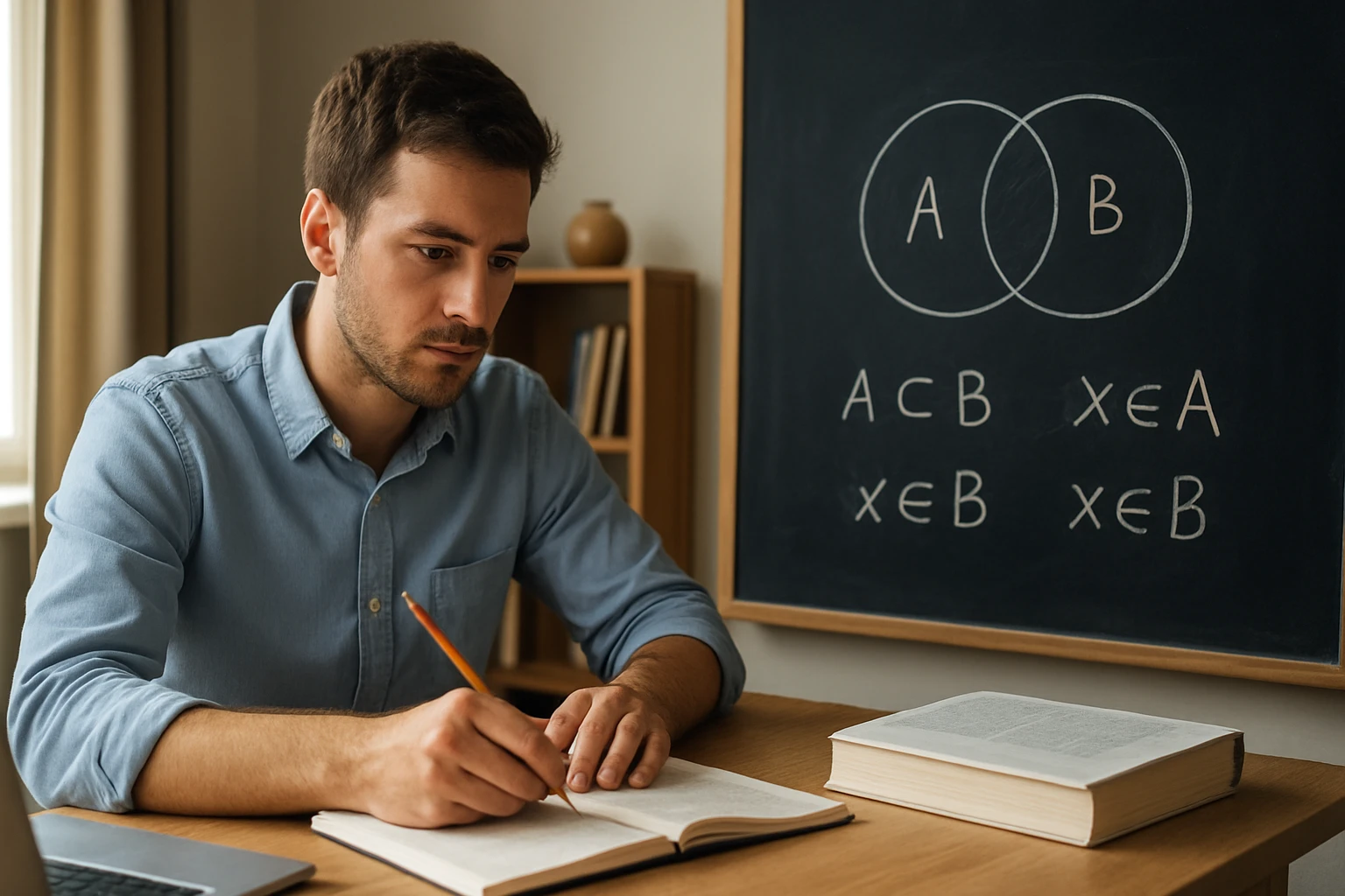 Egy fiatal férfi matematikai feladatokat ír egy füzetbe, háttérben táblával.