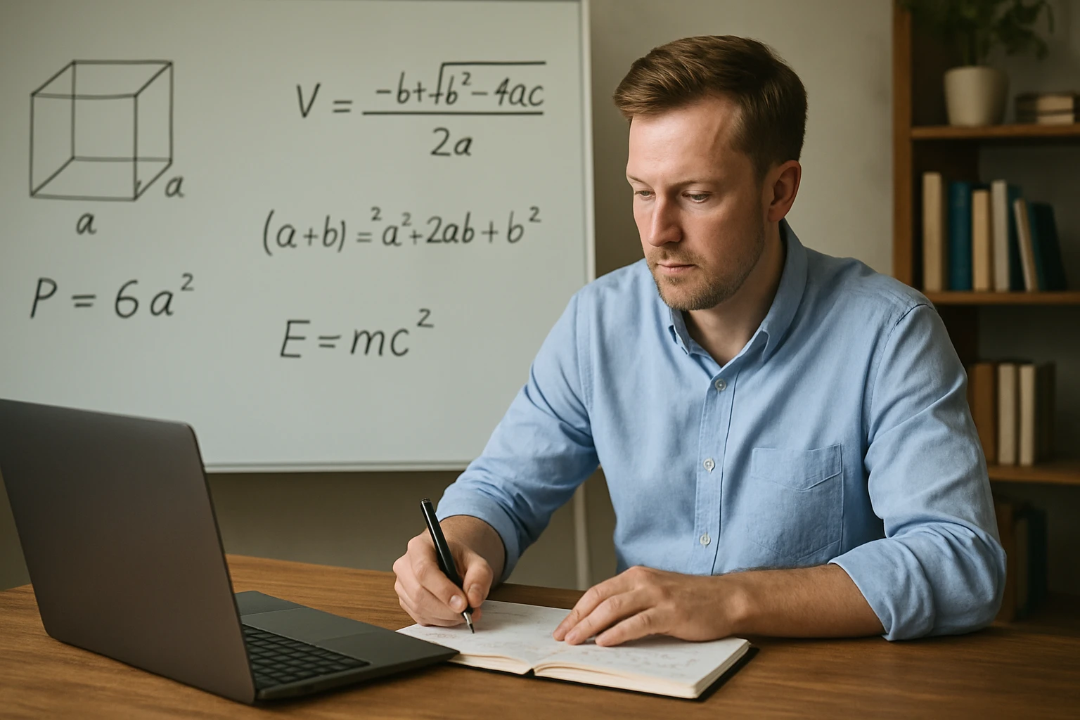 Egy férfi matematikai képleteket ír egy jegyzetfüzetbe, laptop előtt ülve.
