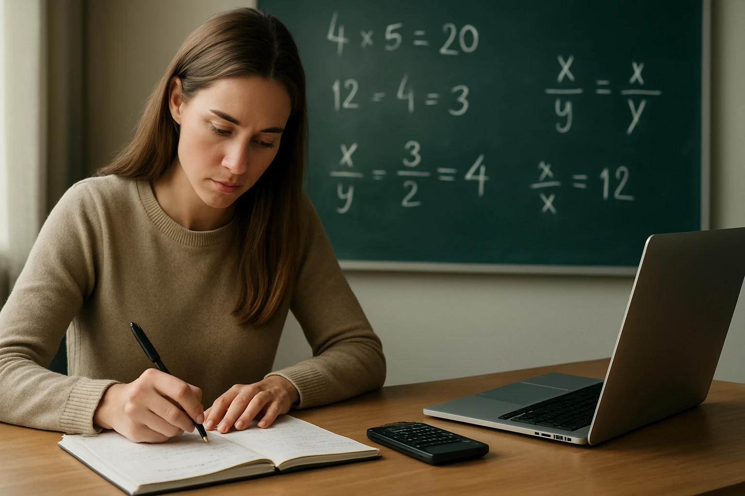 Egy fiatal nő matematikai feladatokat old meg egy füzetben, háttérben táblán írt egyenletekkel.