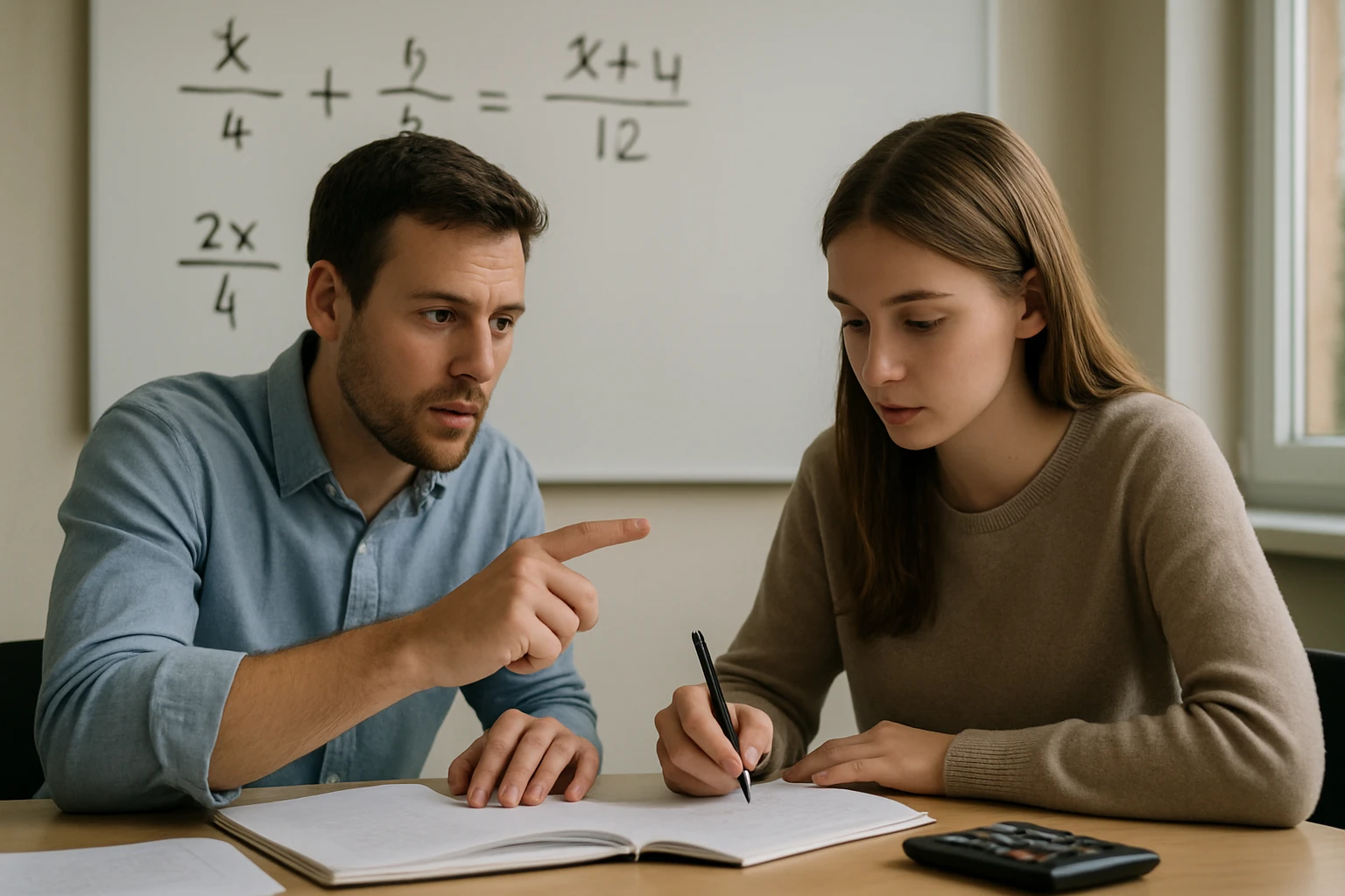 Egy tanár segít egy diáknak matematikai feladat megoldásában, a táblán egyenletek láthatók.