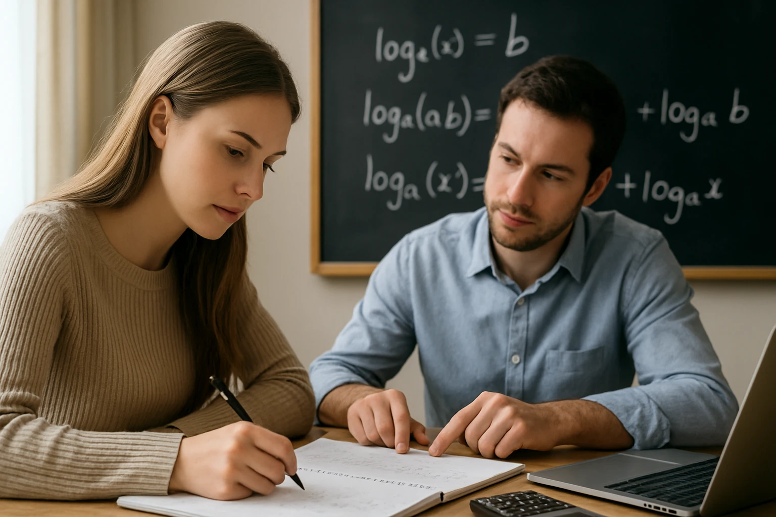 Egy fiatal nő matematikai feladatot old meg, miközben egy férfi segít neki.