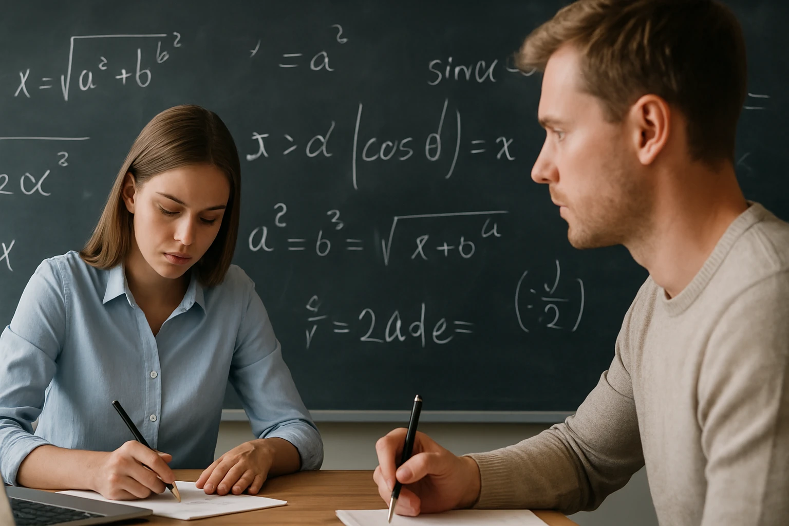 Két fiatal, matematikai egyenletekkel teli táblával, jegyzetelnek.