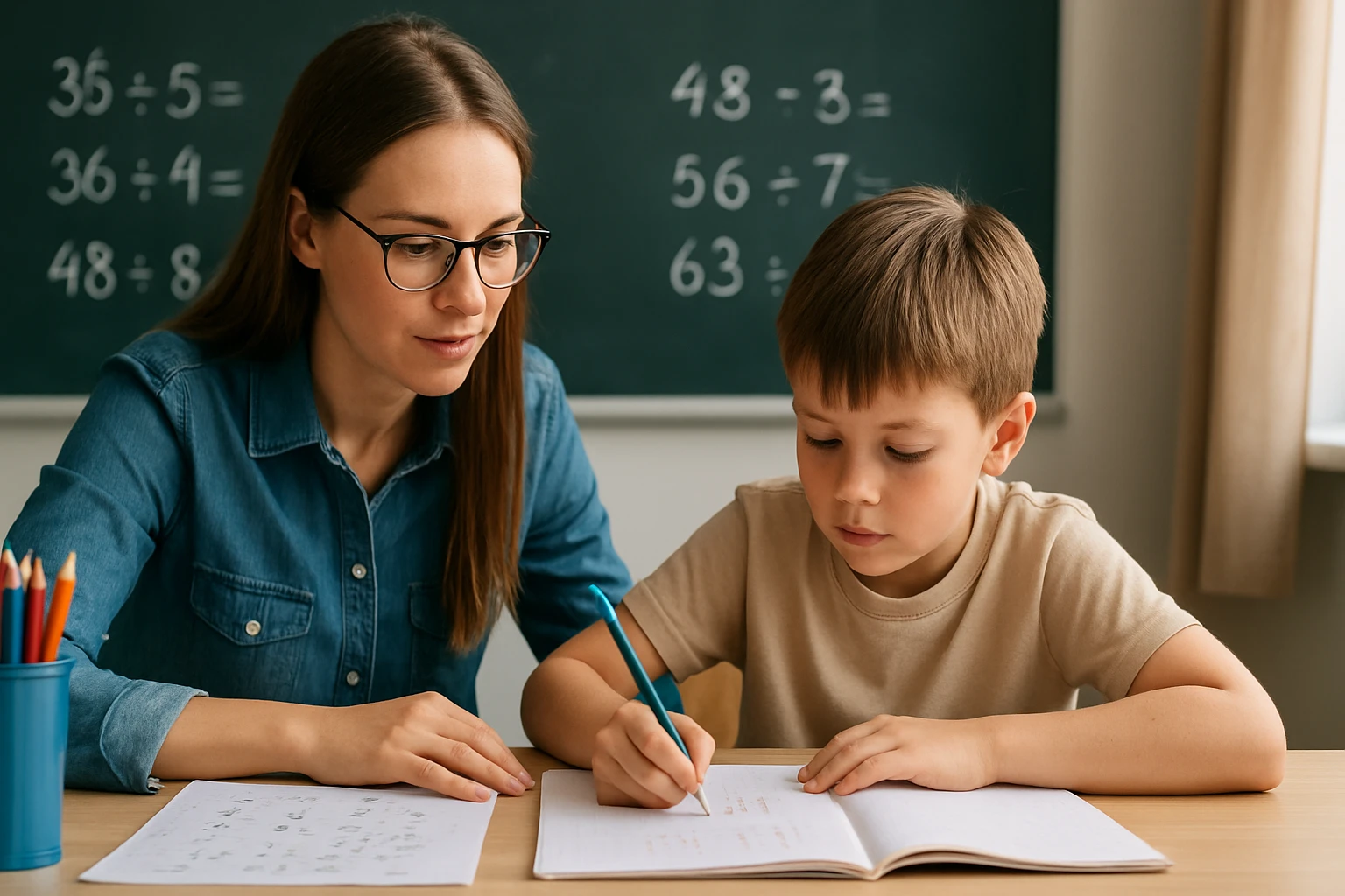 Egy tanár segít egy kisfiúnak matematikai feladatok megoldásában.