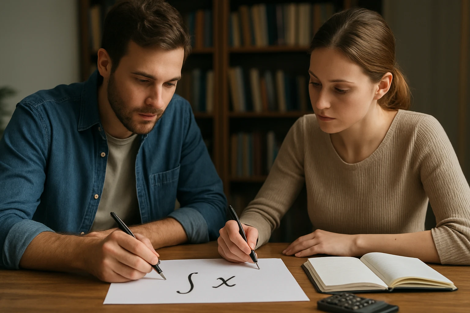 Két fiatal felnőtt matematikai feladatot old meg egy asztalnál.