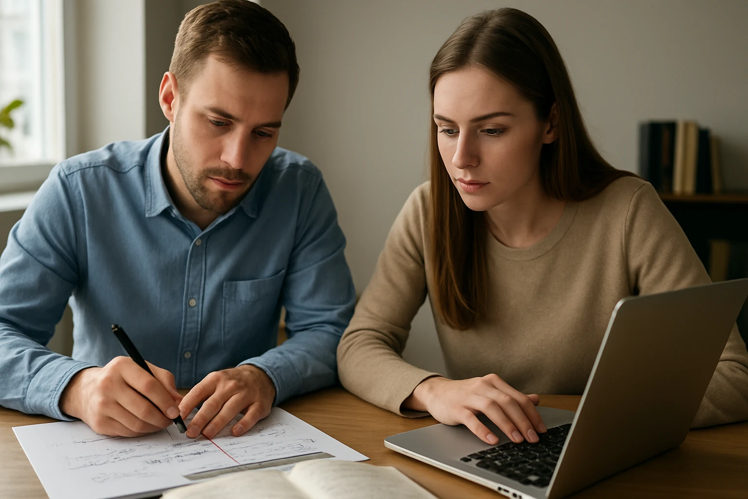 Két fiatal felnőtt együtt dolgozik matematikai feladatokon papíron és laptopon.