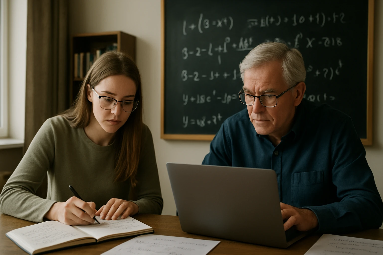 Egy fiatal lány és egy idősebb férfi matematikai feladatokat oldanak meg egy asztalnál.