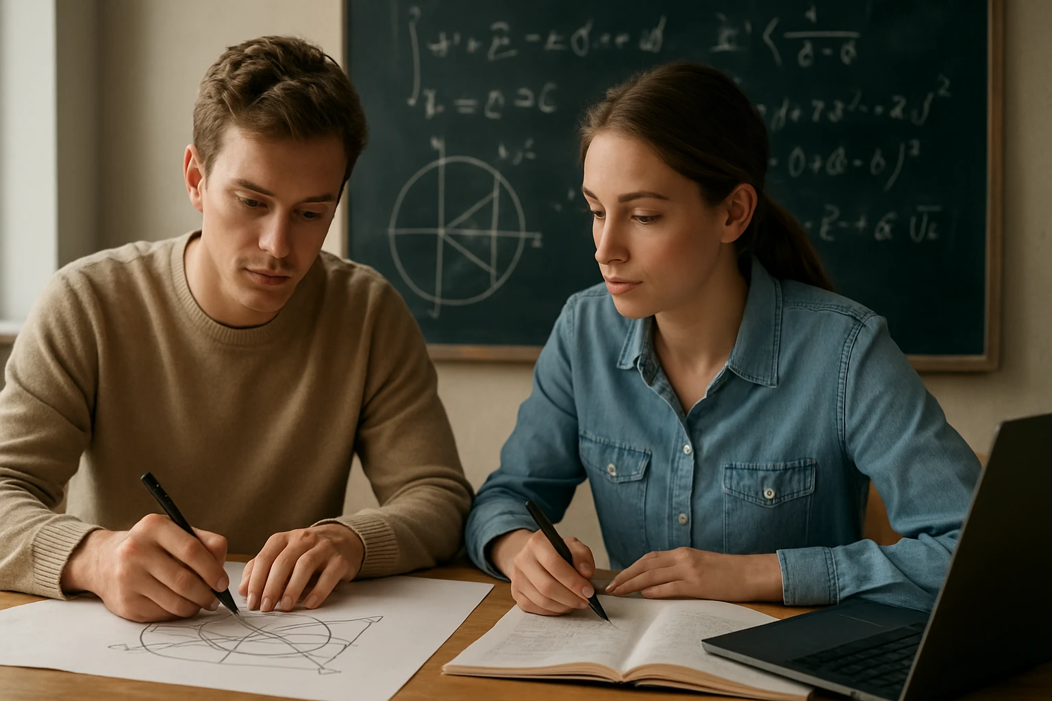 Két fiatal, matematikai feladatokat megoldó diák ül egy asztalnál.