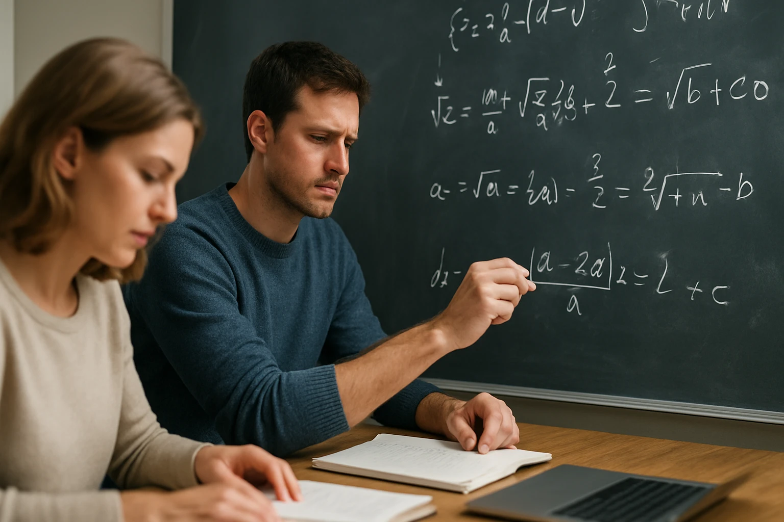 Két diák matematikai feladatot old meg egy táblánál, jegyzetelnek.