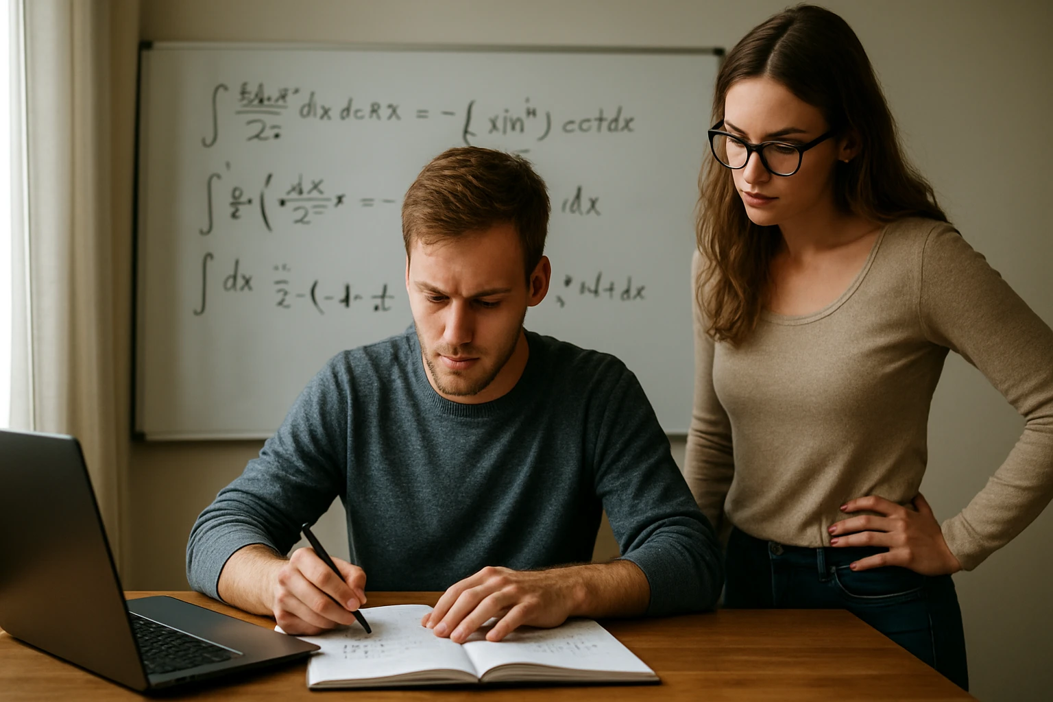Egy fiatal férfi matematikai feladatokat old meg, miközben egy nő figyeli.