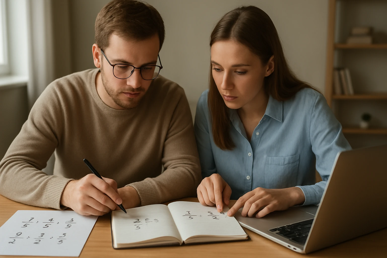 Két fiatal, egy férfi és egy nő, matematikai feladatokat oldanak meg közösen.