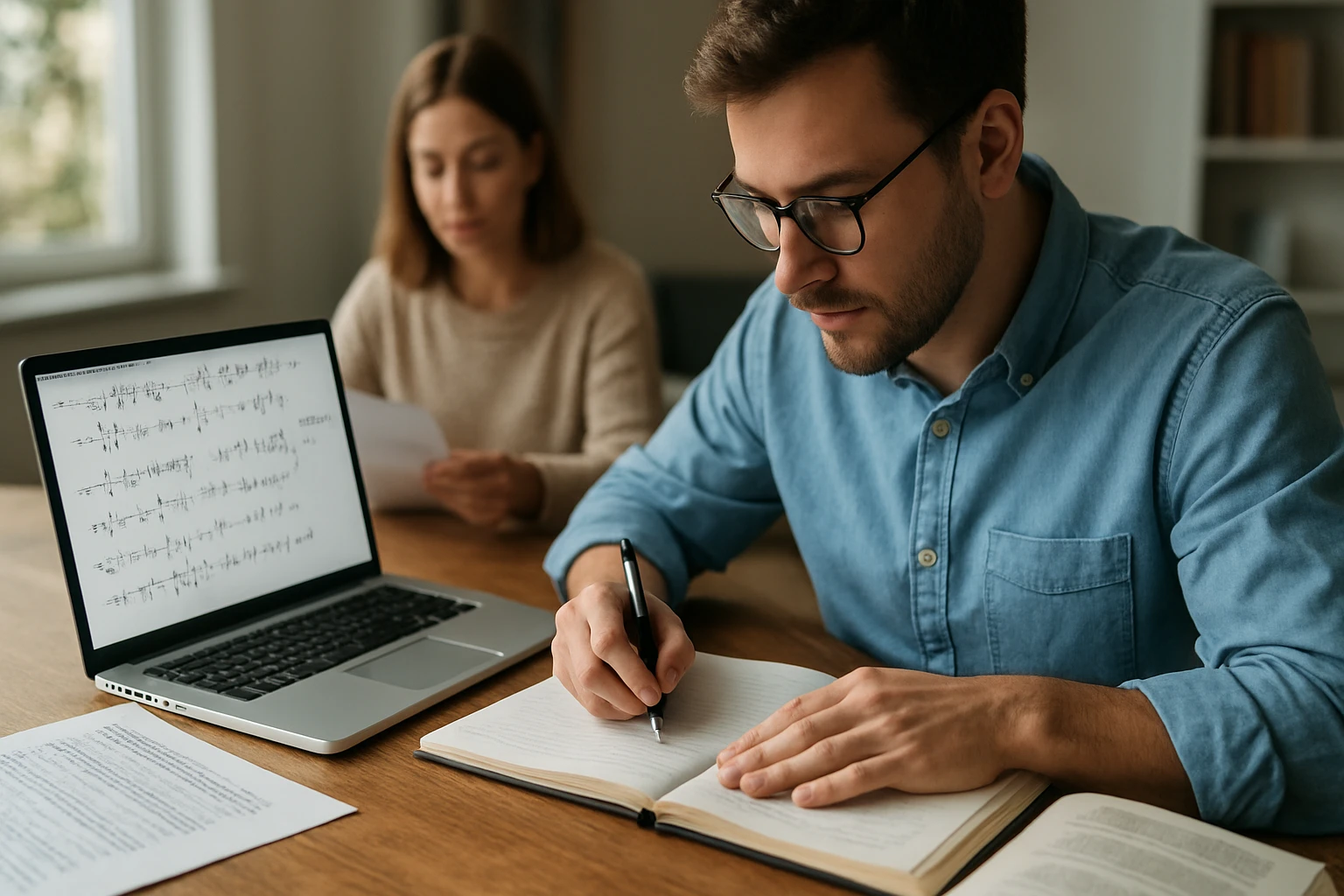 Egy férfi matematikai feladatokat ír egy jegyzetfüzetbe, miközben egy nő háttérben papírokat néz.
