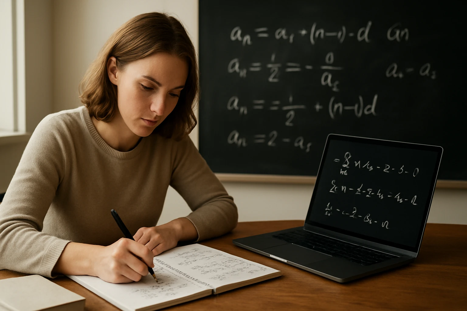 Egy fiatal nő matematikai egyenleteket ír egy jegyzetfüzetbe, laptop előtt ülve.