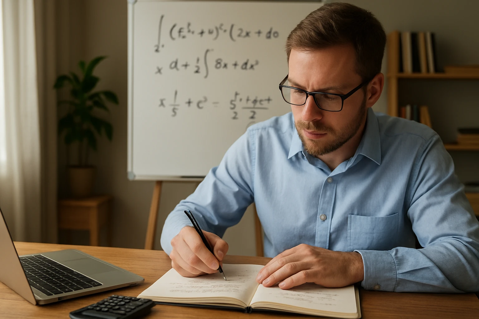 Egy férfi matematikai feladatokat ír egy jegyzetfüzetbe, háttérben táblán egyenletek.