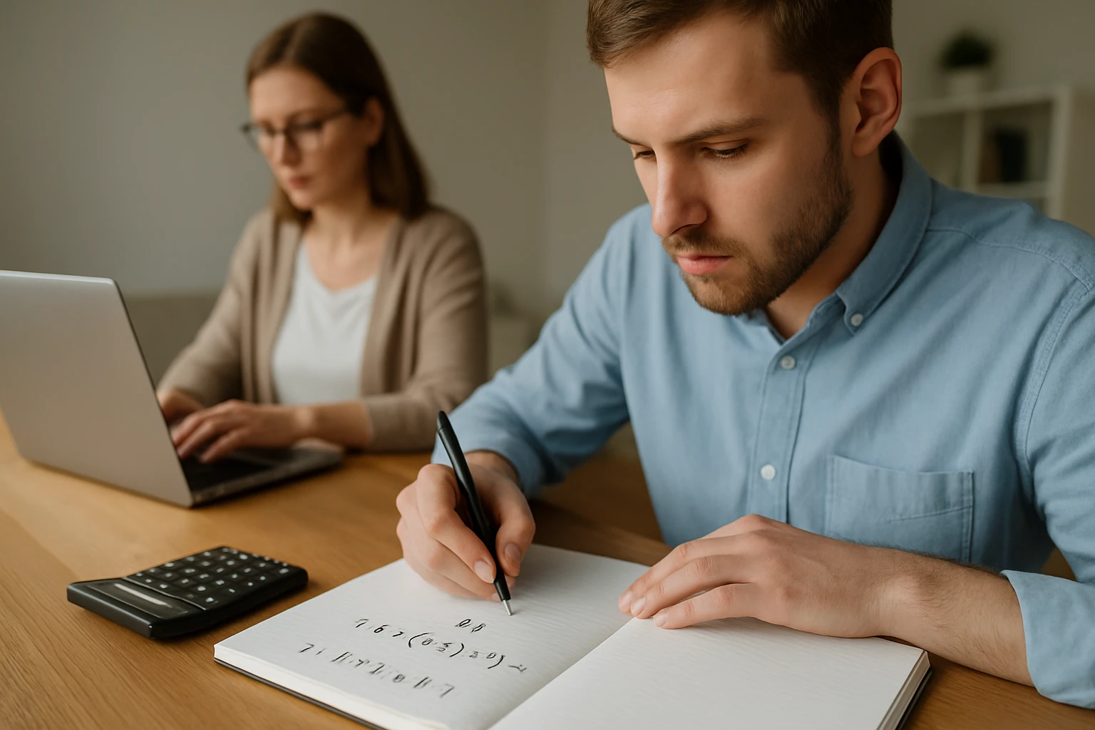 Egy férfi matematikai feladatokat ír egy jegyzetfüzetbe, míg egy nő laptopon dolgozik.