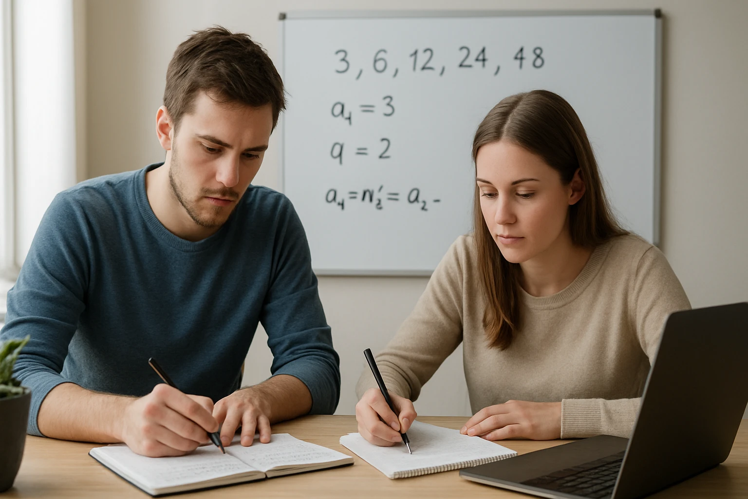 Két fiatal, aki matematikai feladatokat old meg jegyzetfüzetben, háttérben táblával.