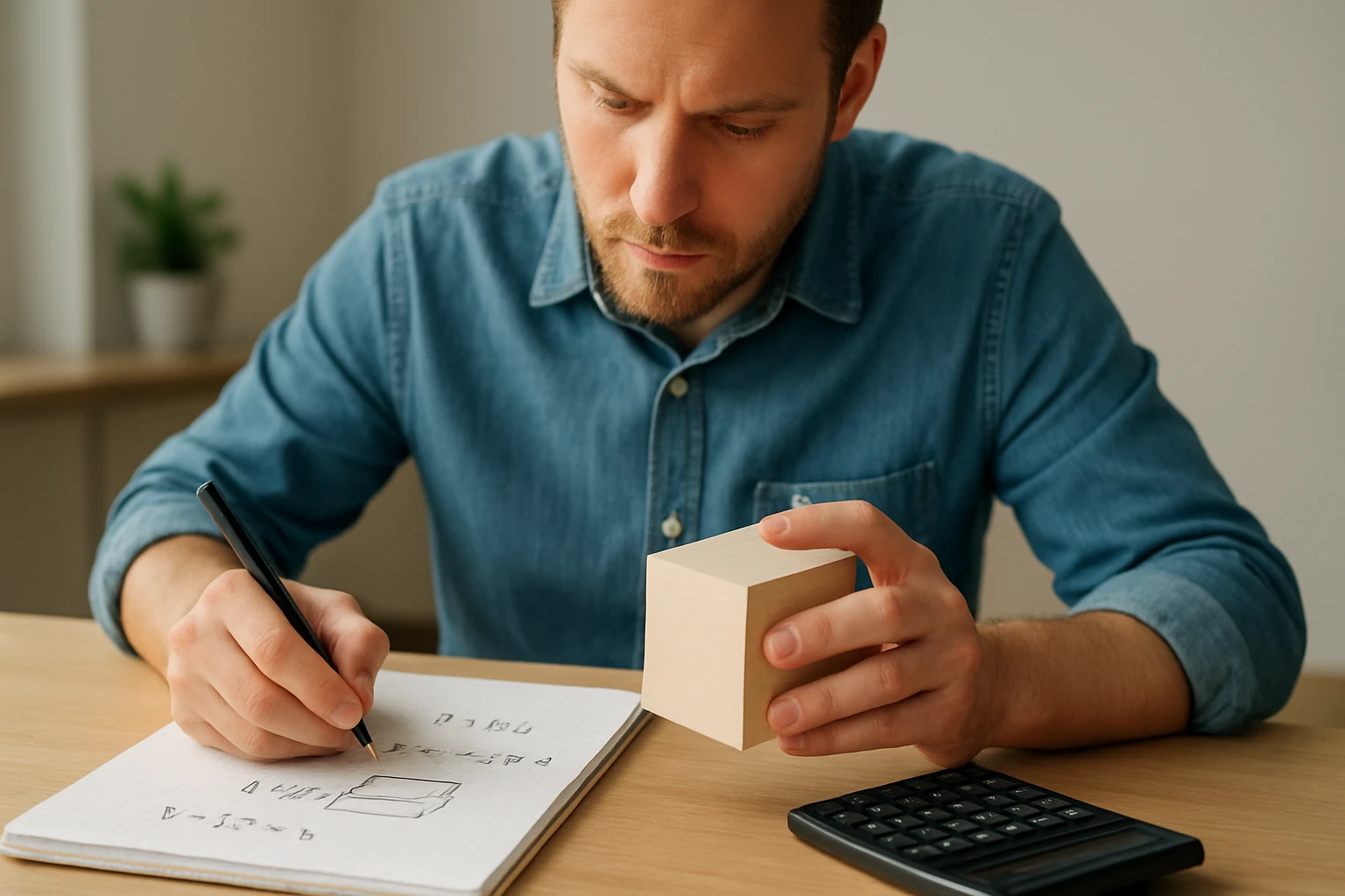 Egy férfi egy fa kockát tart a kezében, miközben jegyzetel egy füzetbe.