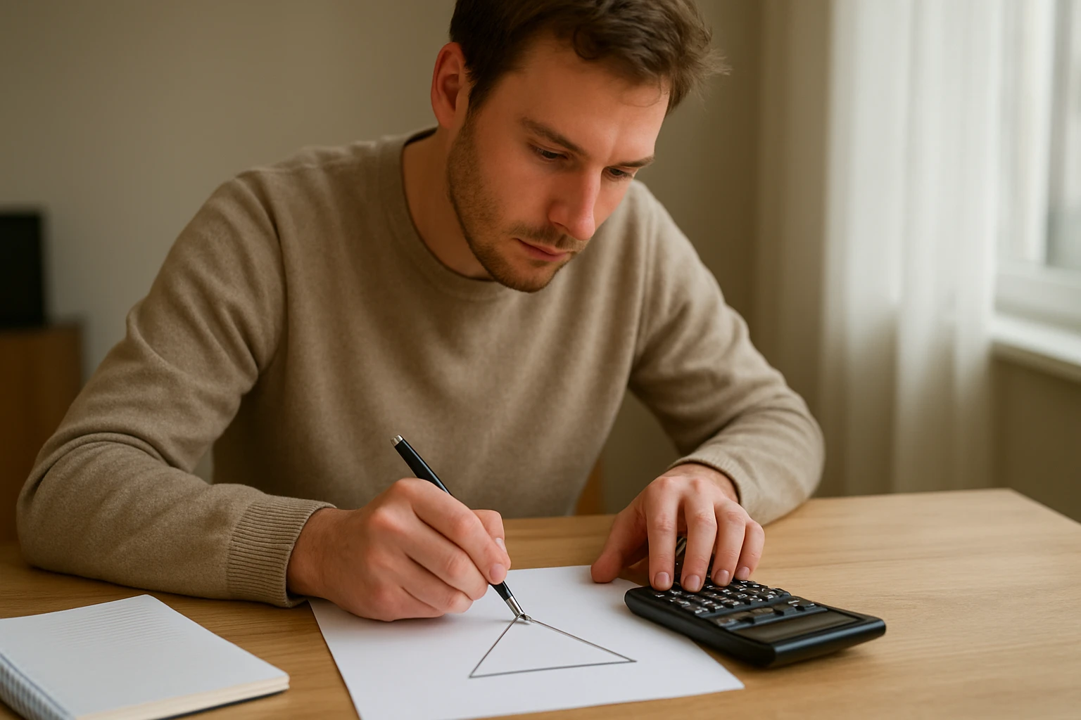 Egy fiatal férfi egy papírlapon háromszöget rajzol, miközben számológépet használ.