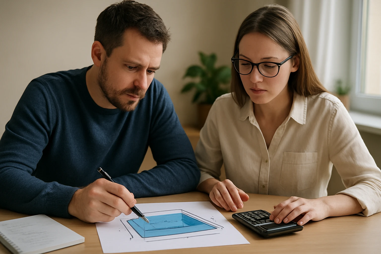 Két ember egy matematikai rajzot tanulmányoz, számológépet használnak.