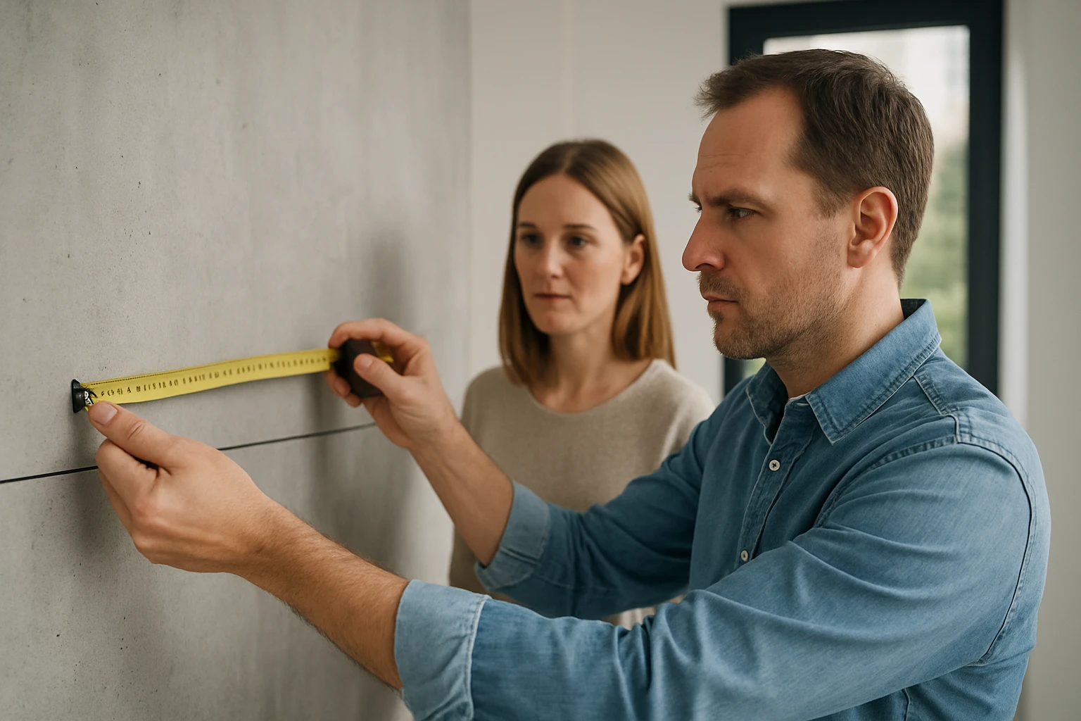Egy férfi mérőszalaggal méri a falat, míg egy nő figyeli.