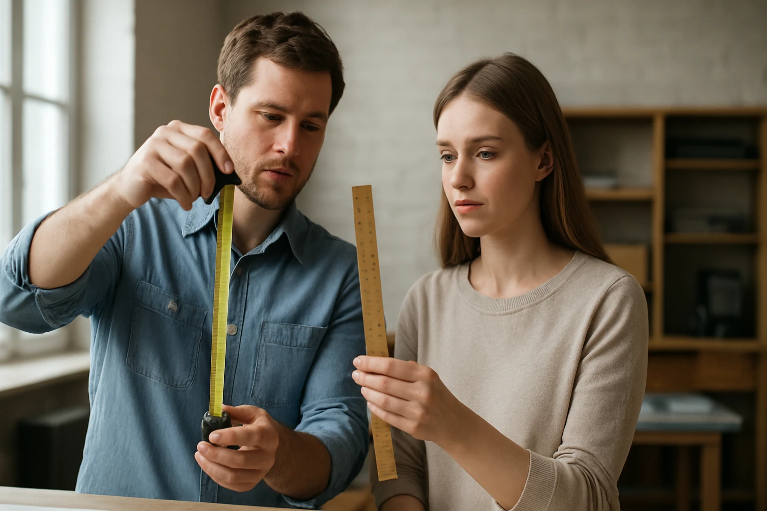 Két fiatal ember mérőszalagot és vonalzót használ a mérésekhez.