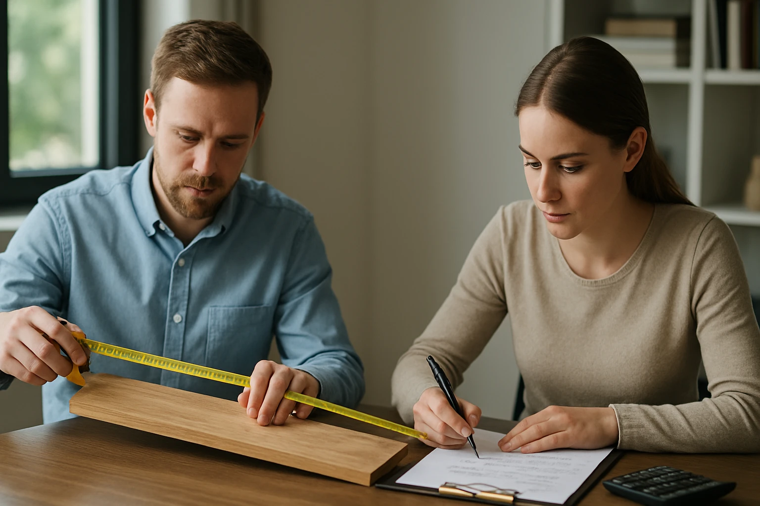 Két ember egy asztalnál, az egyik mérőszalaggal méri a fát, a másik jegyzetel.