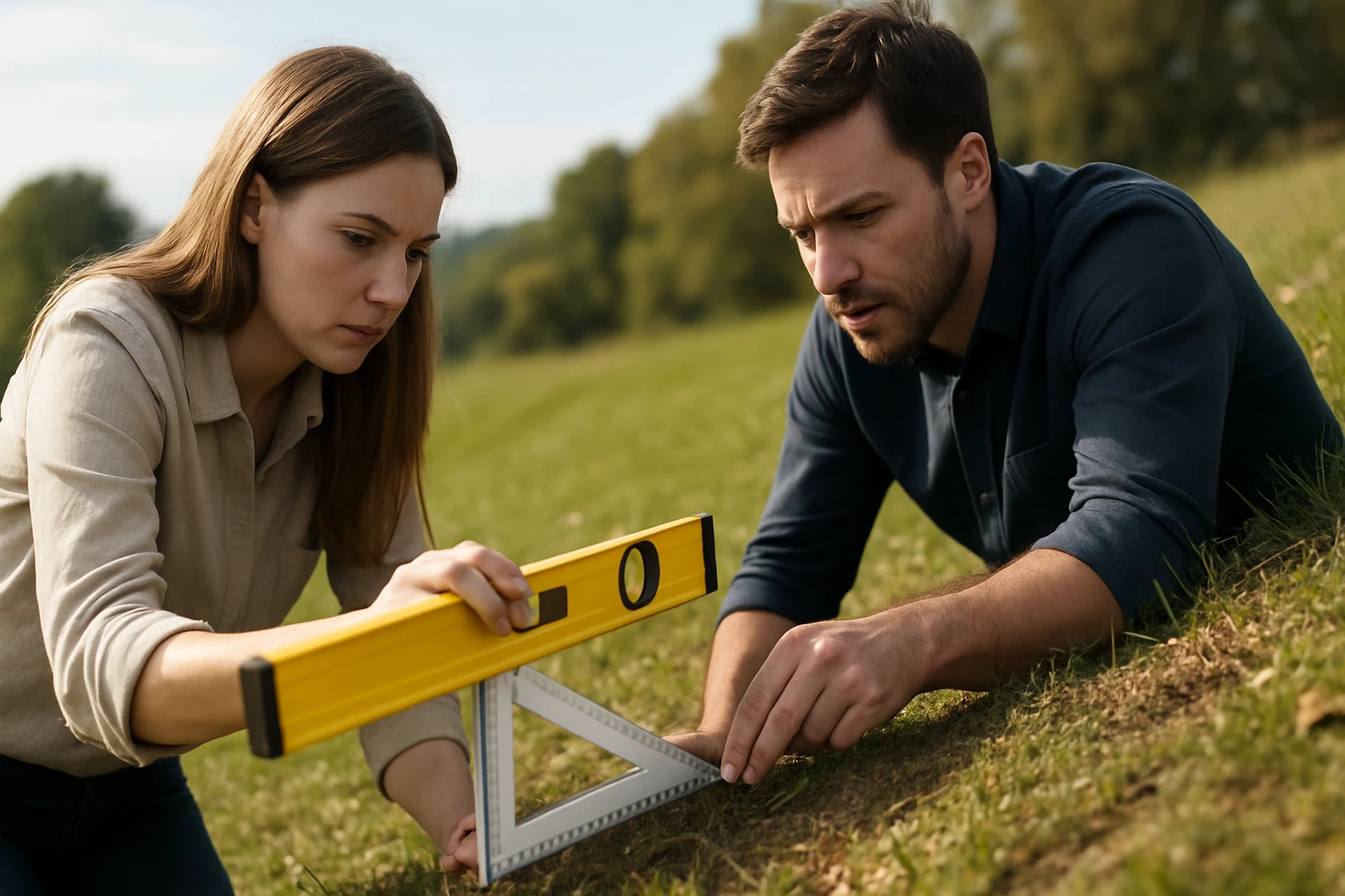Két fiatal ember egy vízszintes mérőszerszámot használ a földön.